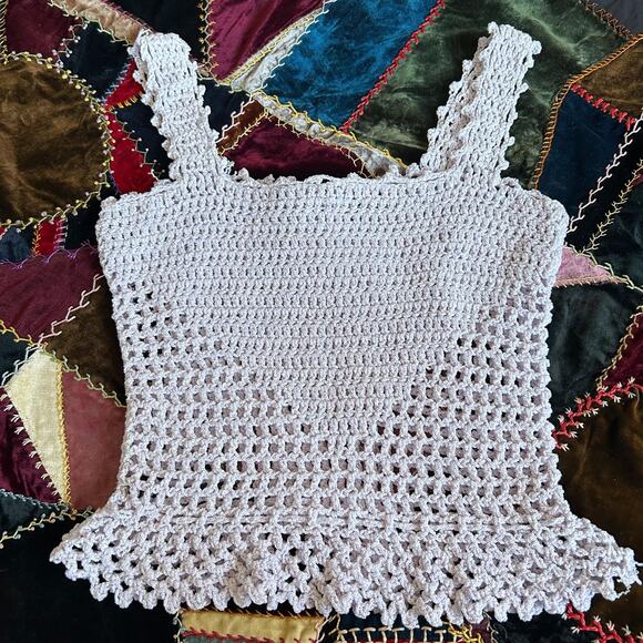 Vintage 60s Lilac Hand Knit Crochet Sweetheart Peplum Coquette Tank Top XS - Picture 5 of 5